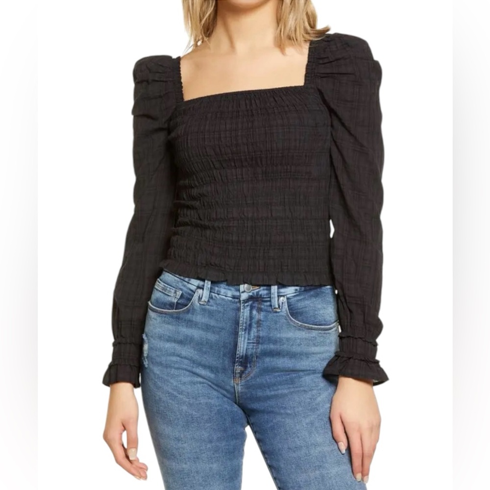 Vero Moda Black Smocked Square-Neck Long-Sleeve Top